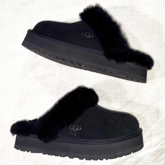 UGG Disquette Sz 7 Women's Black Shearling Slide Slippers Platform shoes - Picture 2 of 7
